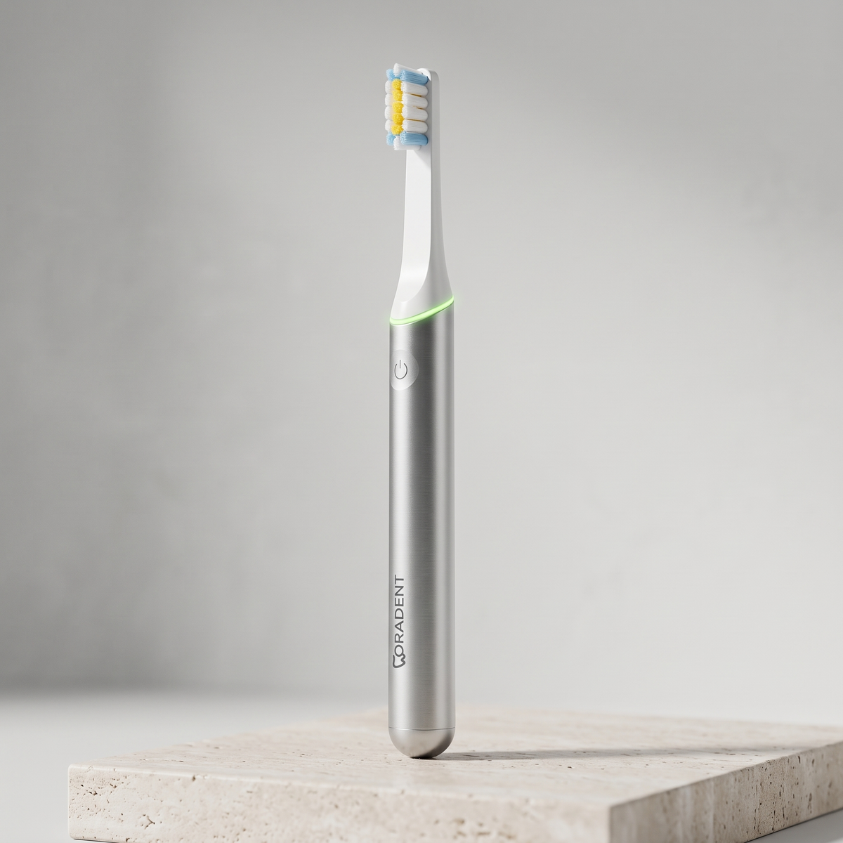 PulseONE sonic toothbrush in Platinum, three quarter view with the LED ring lit