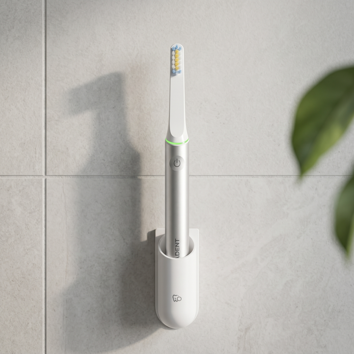 PulseONE sonic toothbrush in Platinum, in the WallMount on a bathroom wall