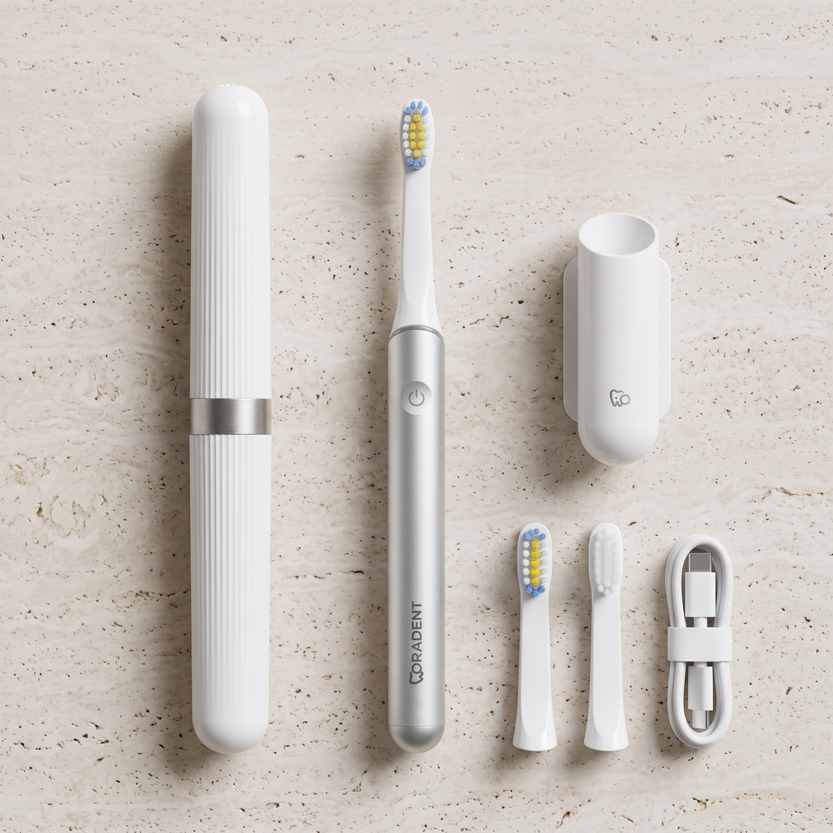 PulseONE sonic toothbrush in Platinum, everything in the box